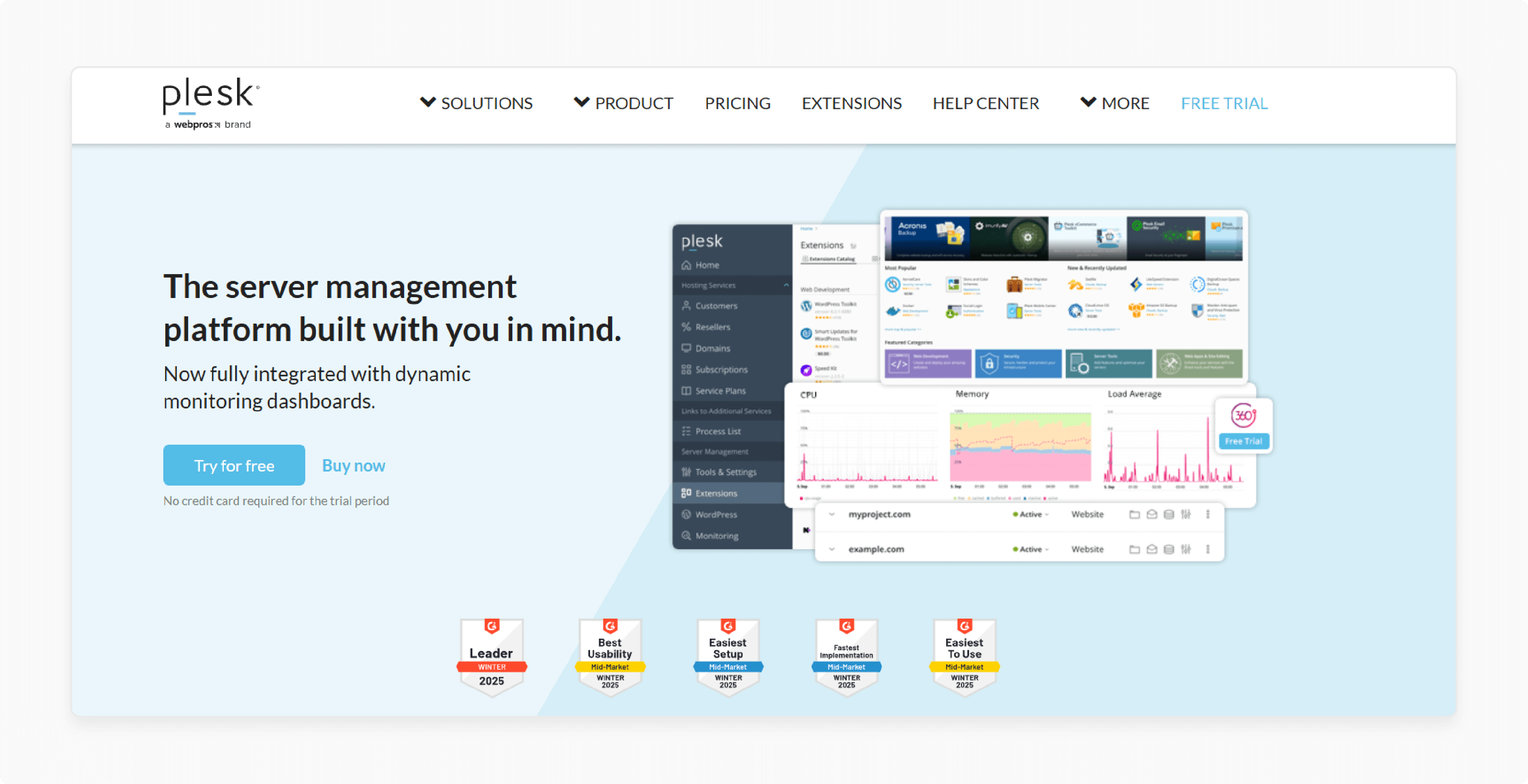 Plesk panel for hosting and security tools