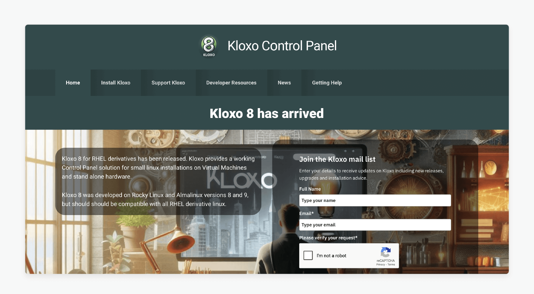 kloxo web control panel homepage designed for managing Linux-based virtual machines and standalone servers