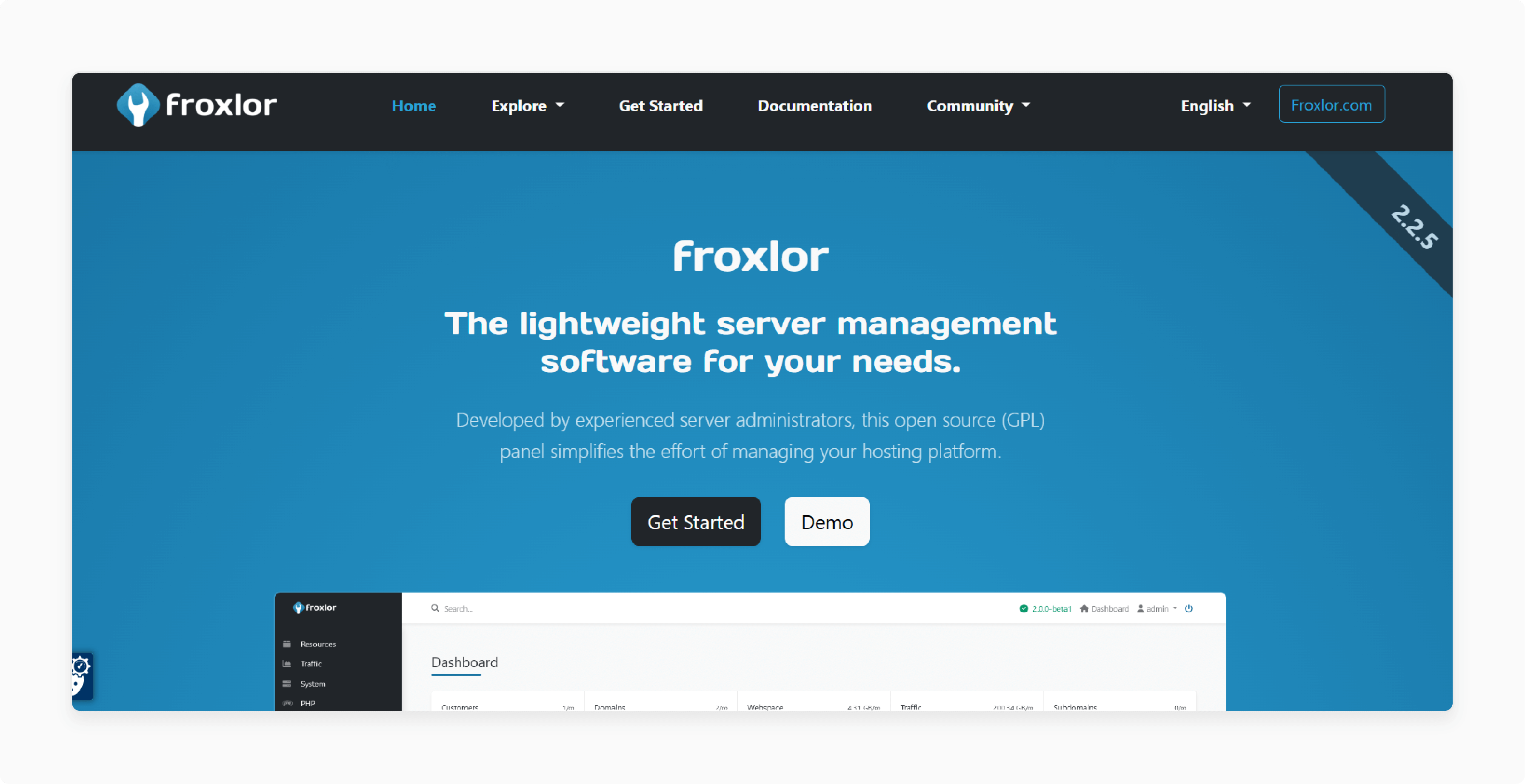 Froxlor dashboard for Linux hosting