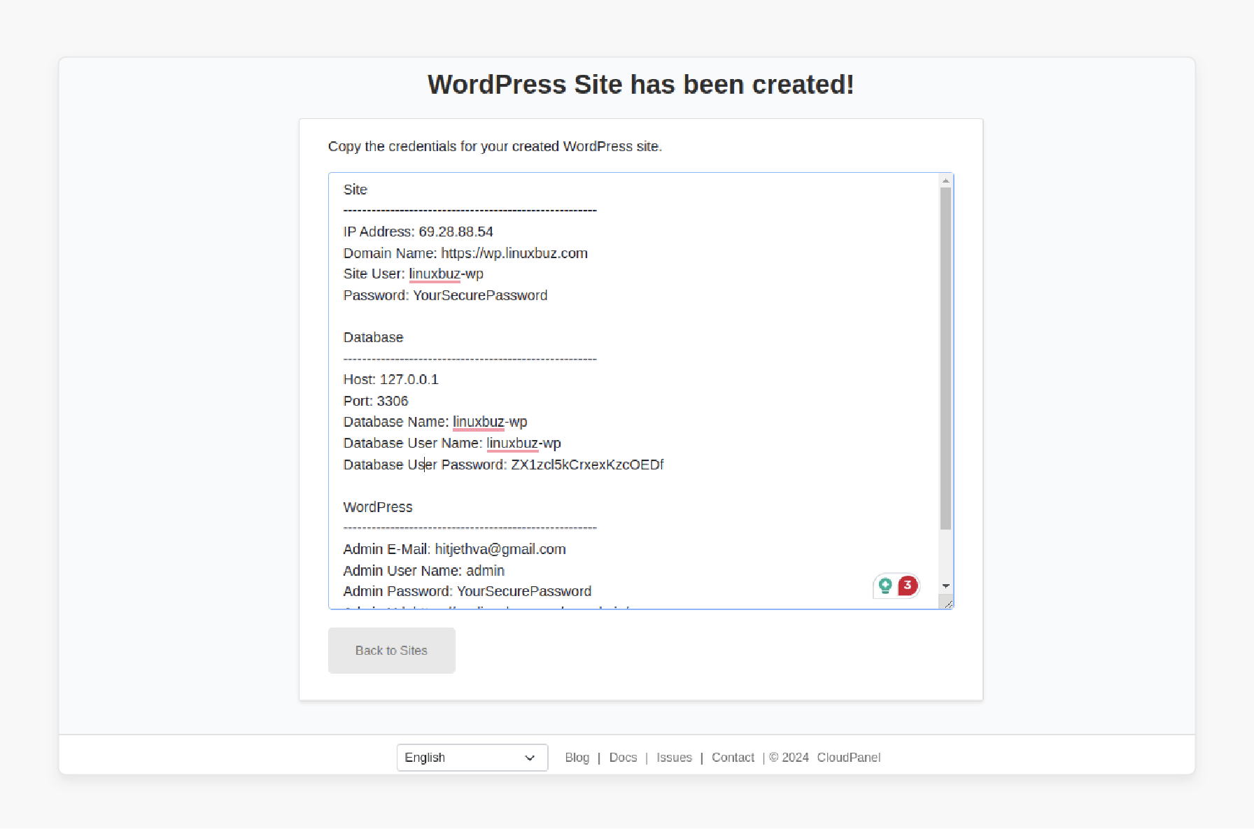 Returning to site list after creating a WordPress site in CloudPanel