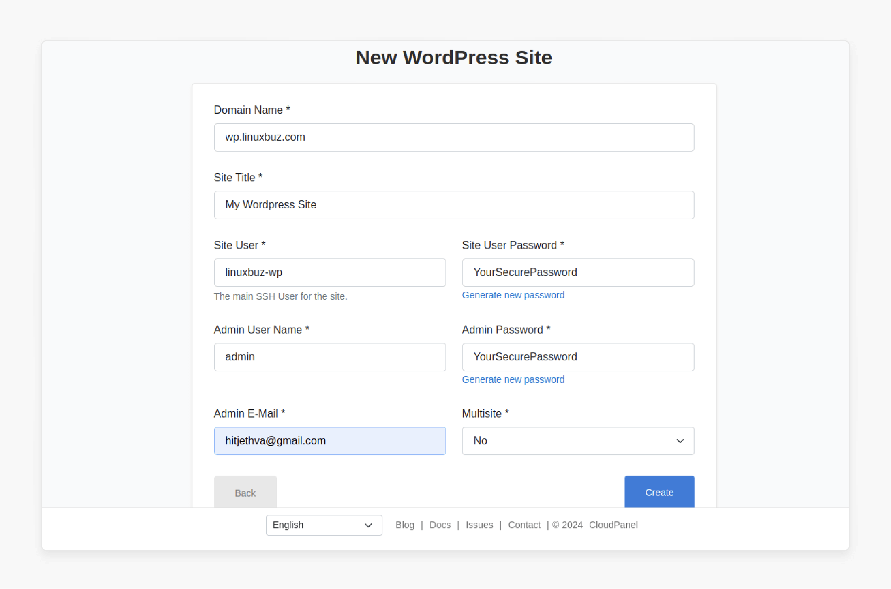 Entering WordPress site details in CloudPanel