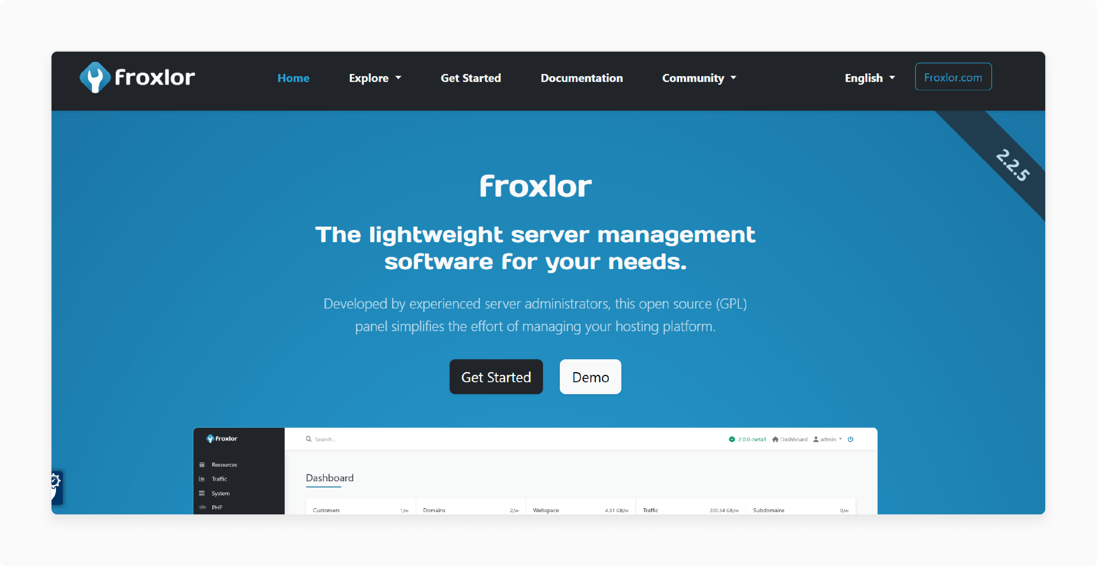 Froxlor panel with domain, email, and database management