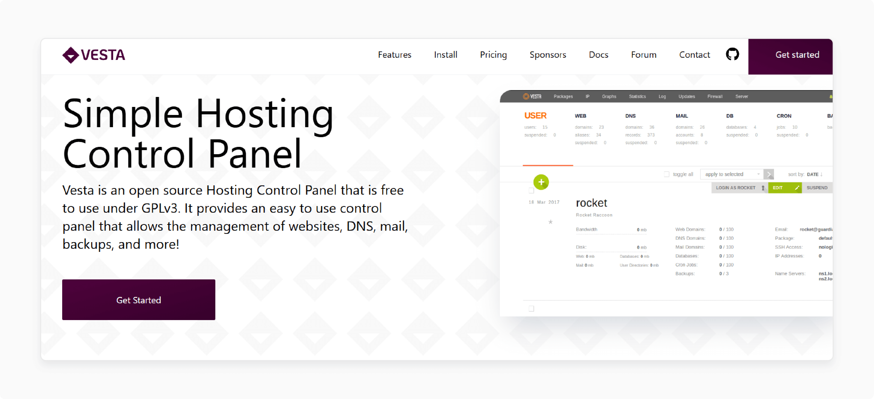 VestaCP admin panel with domain and database tools