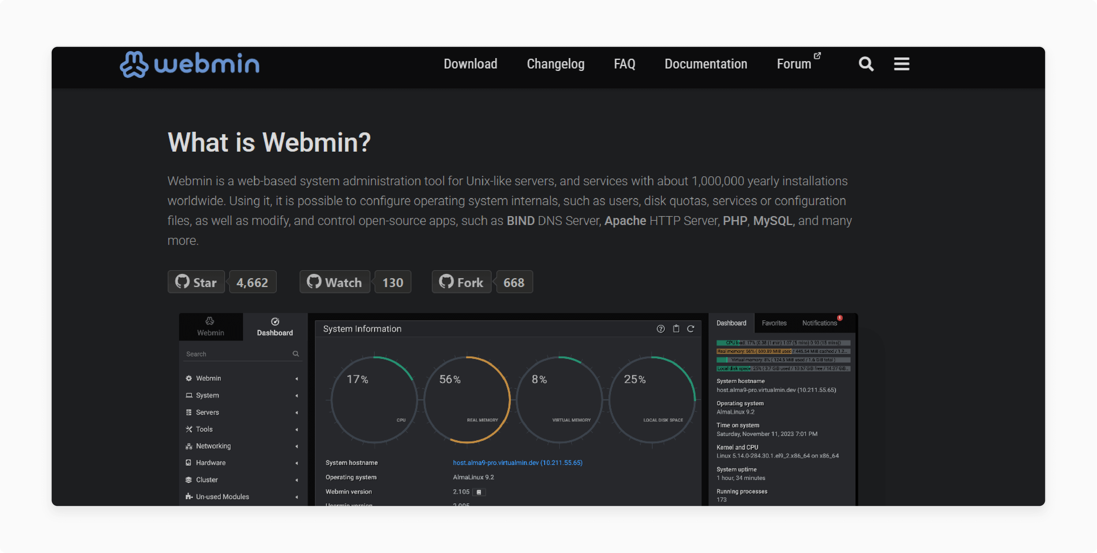 Webmin dashboard showing hosting and security settings