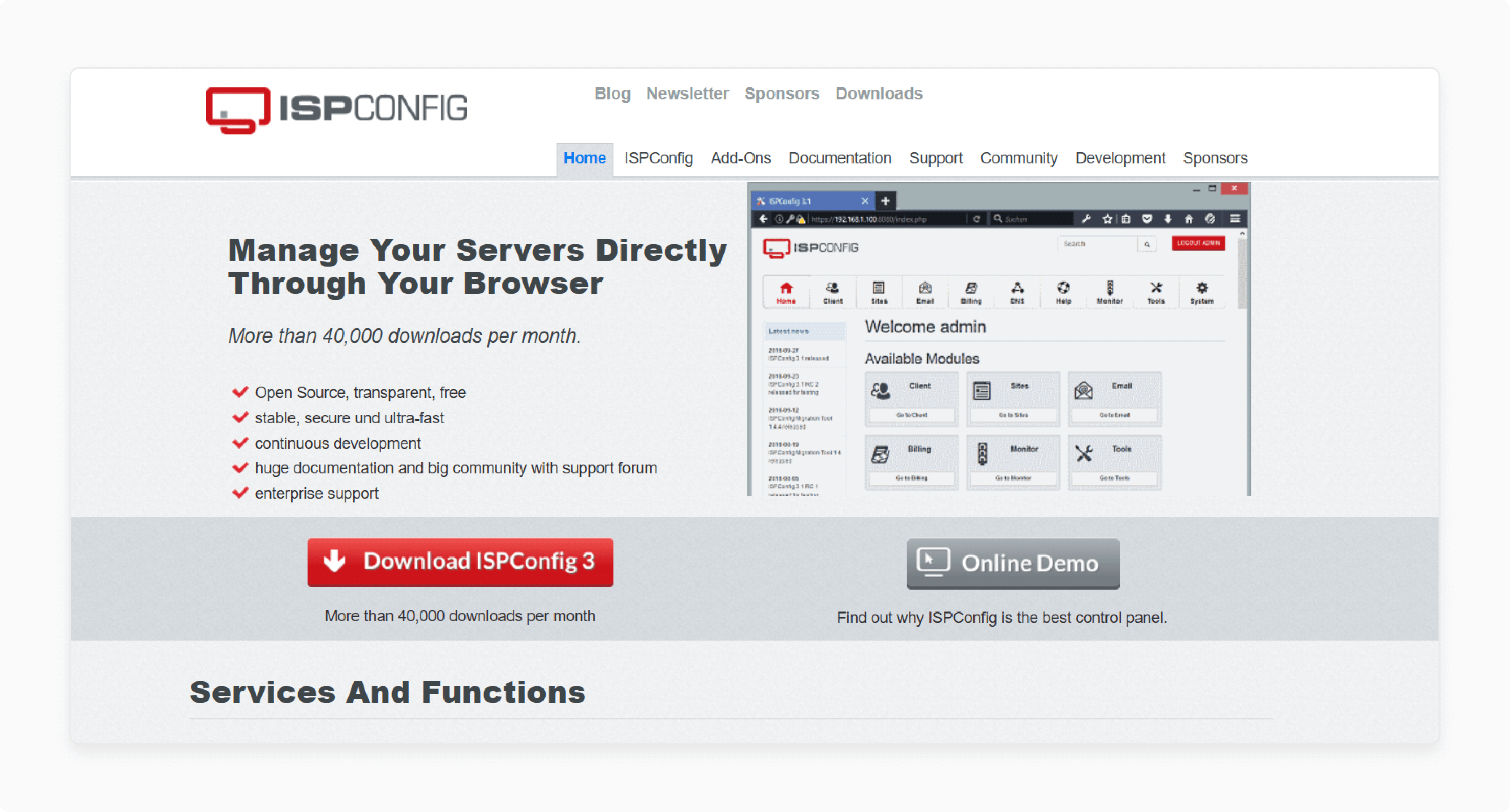 ISPConfig dashboard with multi-server and firewall settings