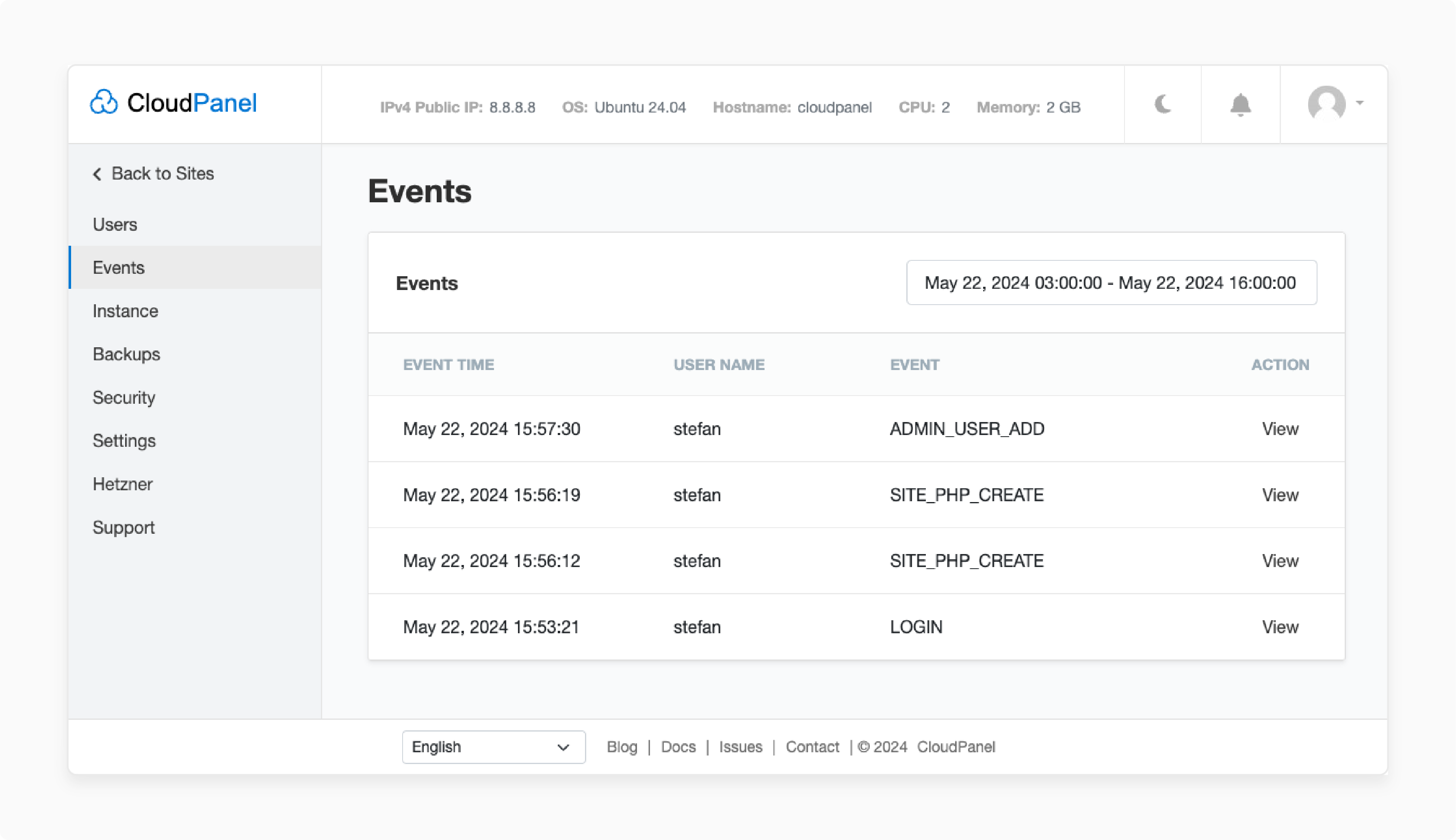 Review user actions in **Admin Area &gt; Events