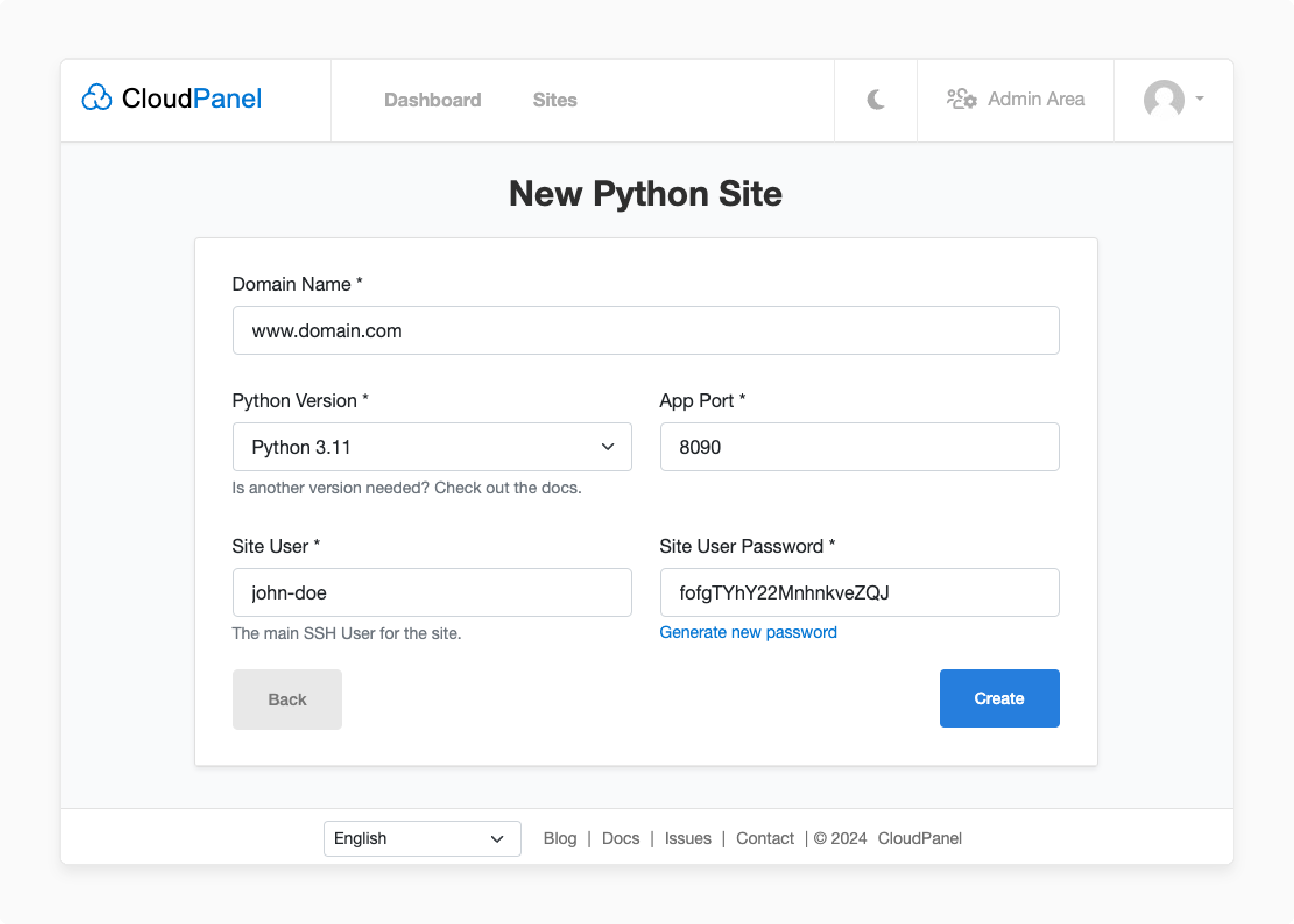 Select New Python site alternatively