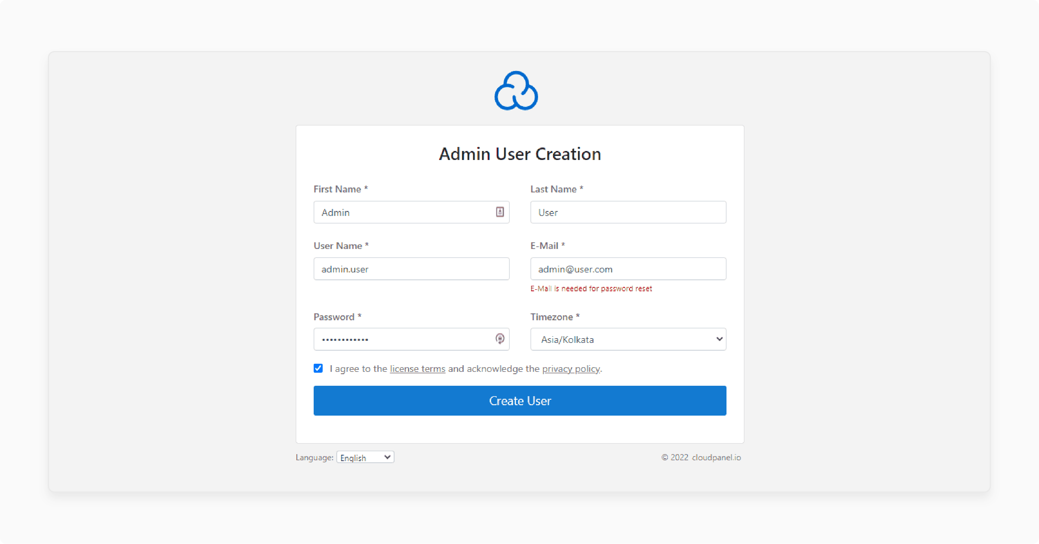 CloudPanel login page with user creation form on Debian 10