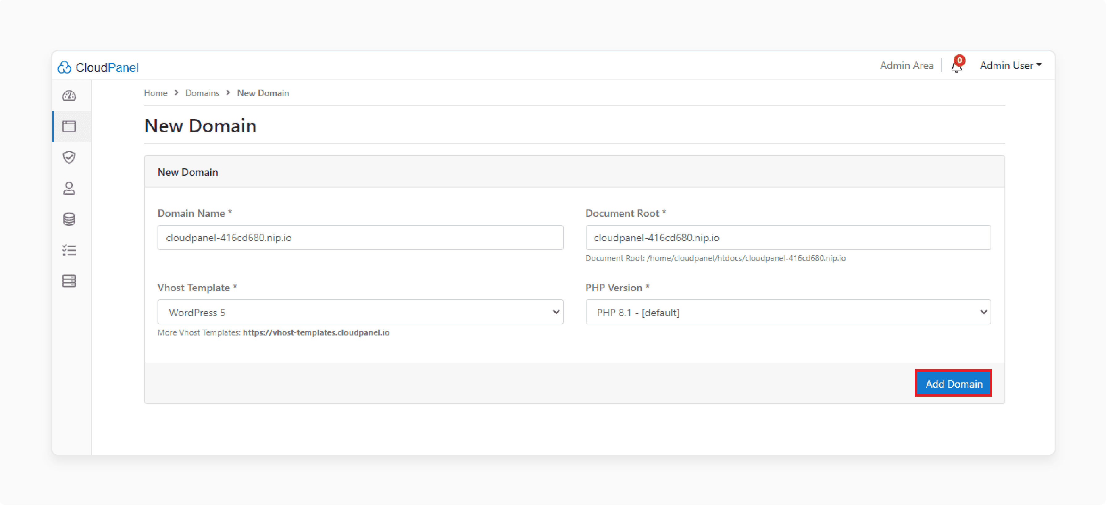 Domain settings with Vhost and PHP options