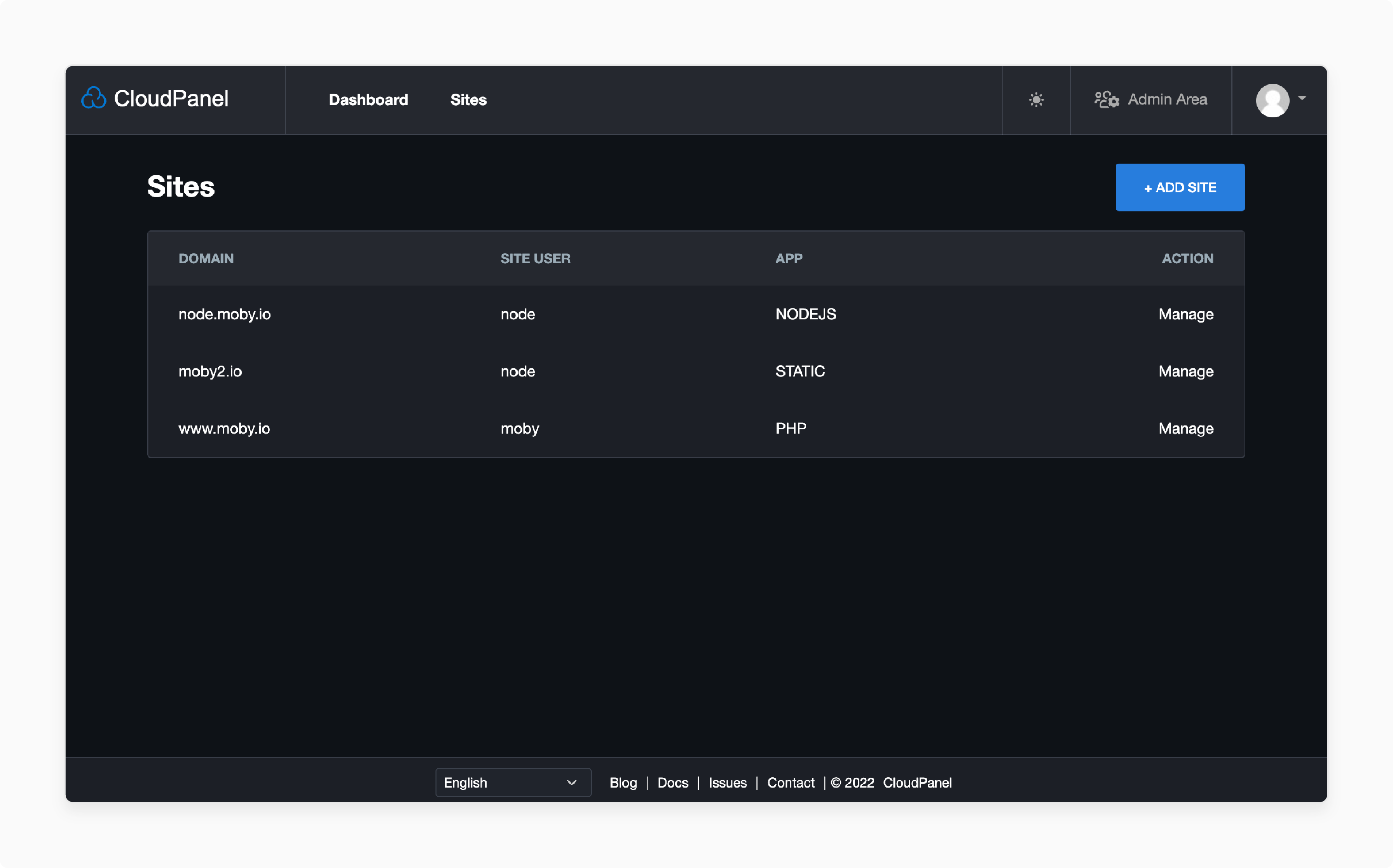 Dark mode toggle in CloudPanel