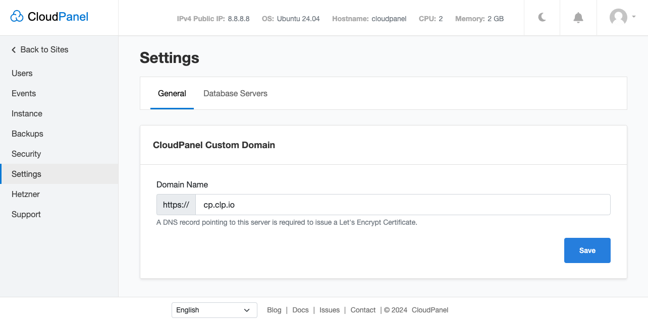 CloudPanel Custom Domain