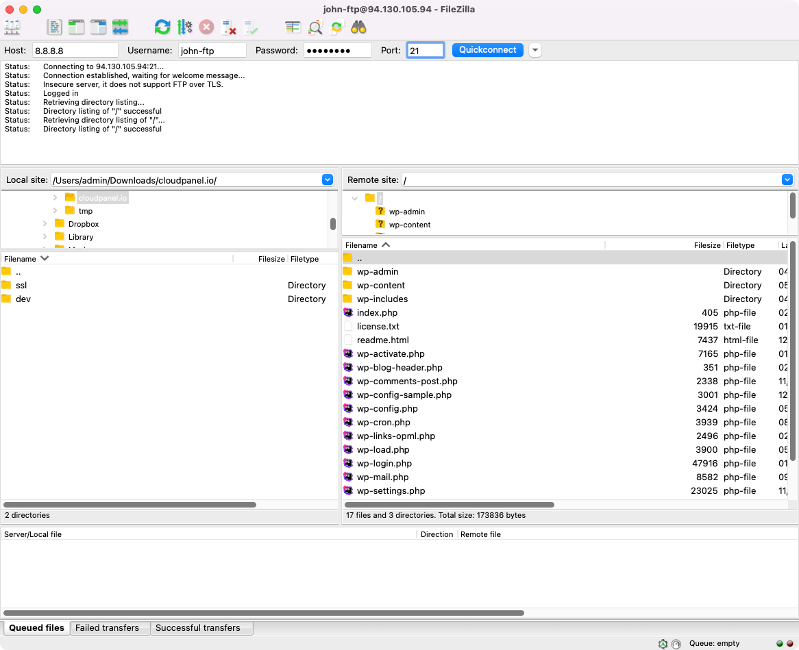 Inicio de sesión FTP a través de Filezilla