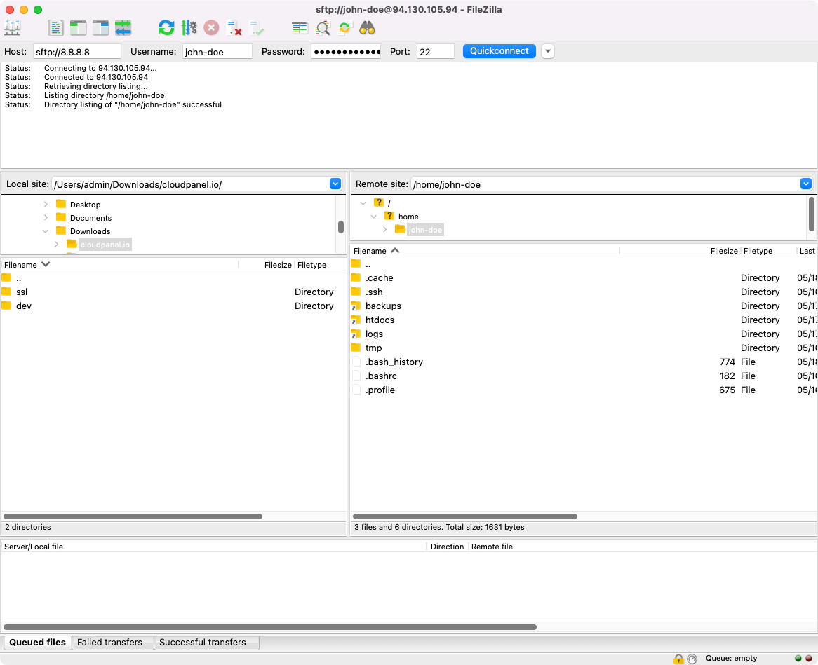 Inicio de sesión SFTP a través de Filezilla