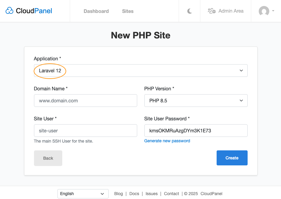 Create a Laravel Site
